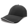 Charcoal grey baseball cap with white contrast piping along curved peak edge