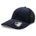 Navy blue trucker cap with mesh back panels and structured cotton twill front