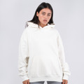 Off-white oversized hoodie with drawstring hood and kangaroo pocket on model