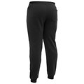 Black fleece track pants rear view showing ribbed cuffs, elastic waistband and back patch pocket