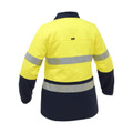 Hi-vis yellow and navy drill jacket with reflective tape, back view showing two-tone colour blocking