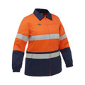 Orange and navy two-tone women's hi vis drill jacket with reflective tape, zip front, and elasticated cuffs