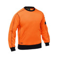 Hi-vis orange fleece crew neck jumper with black collar and cuffs, featuring front pouch pocket and sleeve pocket detail