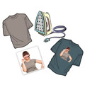 Illustrated graphic showing iron-on transfer process: plain taupe tee, cartoon iron, photo print, and finished slate blue tee with custom design