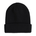 Black cable knit beanie with wide roll-up cuff and textured ribbed construction