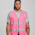 Pink hi-vis safety vest with reflective tape, chest pocket and full-length zip worn over grey t-shirt