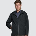 Male model wearing a black full-zip hooded waterproof jacket with charcoal zip and side hand pockets
