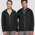 Male and female models wearing black recycled PET waterproof hooded jackets with centre zip and clean front panels