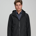 Black waterproof jacket with hood and full zip closure, styled over charcoal shirt