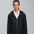 Black hooded waterproof jacket with full zip closure layered over light pink collared shirt