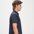 Side view of charcoal grey pique polo shirt with short sleeves and collar detail