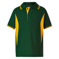 Bottle green kids polo shirt with gold contrast raglan side panels and tipped collar, three-button placket