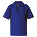 Royal blue kids polo shirt with black contrast side panels and collar tipping