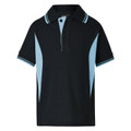 Black polo shirt with sky blue contrast raglan panels and matching collar and sleeve trim