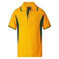 Golden yellow polo shirt with teal contrast side panels and striped collar detailing