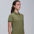 Olive green women's polo shirt with collar and button placket in soft pique cotton