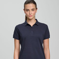 Women's navy polo shirt with collar and three-button placket in soft cotton pique fabric