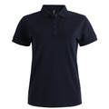 Navy blue women's polo shirt with short sleeves, matching collar and three-button placket