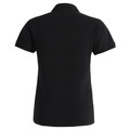 Black women's polo shirt with collar and short sleeves, rear view showing smooth flat back panel