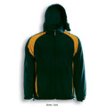 Bottle green polar fleece jacket with gold shoulder and side panels, featuring hood and front zip