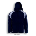 Navy polar fleece hooded jacket with white contrast panels on shoulders and sides, back view showing reversible design