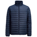 Navy blue mens padded jacket with quilted body, smooth yoke panels, stand collar and full-length zip