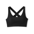 Black sports bra with cross-back straps and scoop neckline