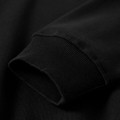 Black crew neck sweater close-up showing ribbed cuff detail and relaxed fit sleeve