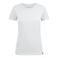 White women's crew neck t-shirt, short sleeves, fitted silhouette, smooth cotton fabric, flat front panel