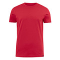 Bright red crew neck t-shirt with short sleeves and smooth cotton construction showing flat chest panel ideal for decoration