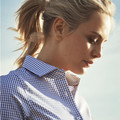 Women's royal blue gingham check shirt with button-down collar and fitted silhouette
