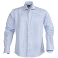 Light blue and white checked dress shirt with spread collar and button front placket