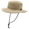 Khaki cotton canvas wide-brim hat with black adjustable chin cord and side cord loop