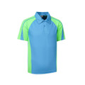 Sky blue micro mesh polo shirt with lime green contrast raglan panels and side inserts, two-button placket