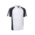 White polo shirt with charcoal contrast raglan sleeves and white piping detail on shoulders