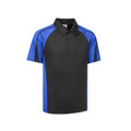 Charcoal polo with royal blue contrast raglan sleeves and shoulder panels in breathable mesh fabric