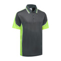 Charcoal polo shirt with fluorescent yellow contrast sleeves and side panels, featuring striped collar trim