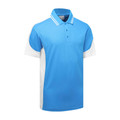 Sky blue polo shirt with white contrast tipping on collar, three-button placket and short sleeves