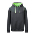 Charcoal grey fleece hoodie with lime green contrast hood lining, drawcords and piping detail