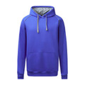 Royal blue fleece hoodie with grey contrast hood lining and drawcords, featuring grey piping detail along raglan sleeves