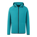 Teal textured zip-up hoodie with black contrast zipper and kangaroo pocket on white background