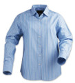 Sky blue long sleeve business shirt with white vertical pinstripes and contrast navy inner collar detail