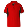 Red and black contrast panel raglan polo shirt with tipped collar and three-button placket, flat lay