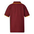 Maroon polo shirt with gold contrast trim on collar and sleeve cuffs, rear view showing flat back panel