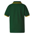 Bottle green raglan polo with gold contrast tipping on collar and sleeves, back view showing textured pique knit