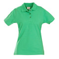 Kelly green women's cotton pique polo shirt with three-button placket and classic collar
