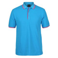 Aqua blue polo shirt with pink contrast collar tipping and sleeve cuffs on white background