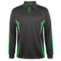 Charcoal long sleeve polo with neon green contrast panels on shoulders and sides, bright green placket trim