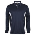 Navy long sleeve polo with white contrast side panels and piping detail