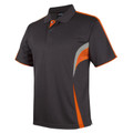 Charcoal polo shirt with orange and grey curved side panels and orange shoulder piping
